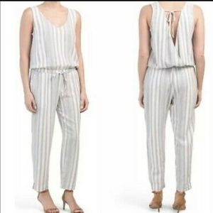 Cloth & stone linen blend blues white stripe jumpsuit waist tie sleeveless small